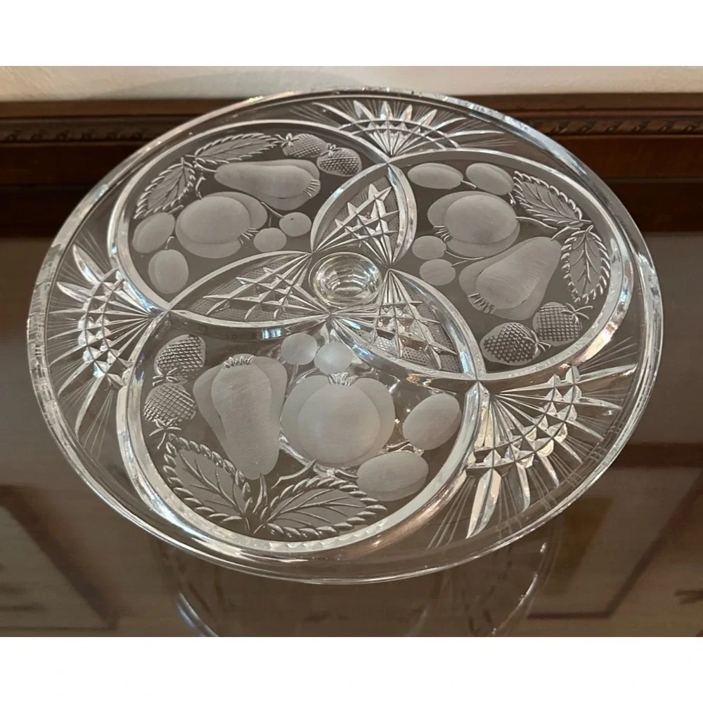 Vintage Tuthill Hawkes Cut Glass‎ Cake Stand: Frosted Fruit Design 11.5''